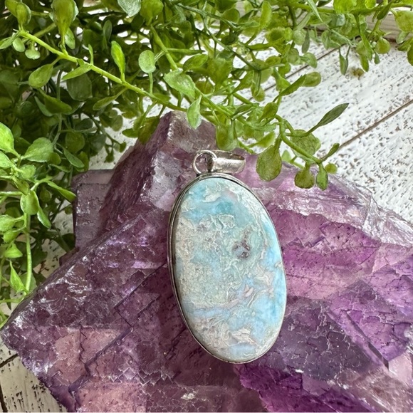 Jewelry - Larimar 925 Sterling Silver Plated Oval Raw Pendant Blue Brown Gray